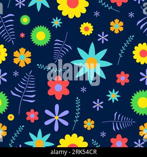 Colorful Daisy flower seamless pattern isolated on blue background. Stock Vector