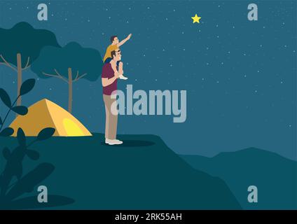 Simple flat vector illustration of father carrying his son on shoulder to grab star during camping night. Support, inspiration, aspiration concept Stock Vector