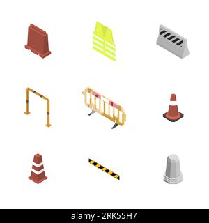 Under construction design elements. Set of different signs road repairs, isolated on white background. Flat isometric style, 3D vector illustration. Stock Vector