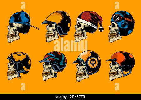 skull head with various helm on hand drawn illustration set Stock Vector
