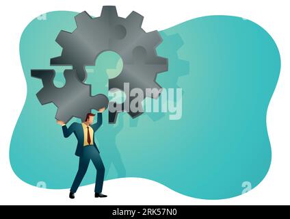 Business concept illustration of a man holding on his shoulder the final piece of puzzle which forming a gear, business, complete, completion, solutio Stock Vector
