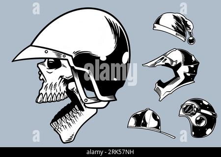 hand drawn skull with various helm vector illustration set monochrome style Stock Vector