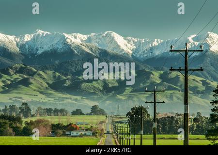 A long, winding highway stretches through a barren landscape, with snow-capped mountains in the distance Stock Photo