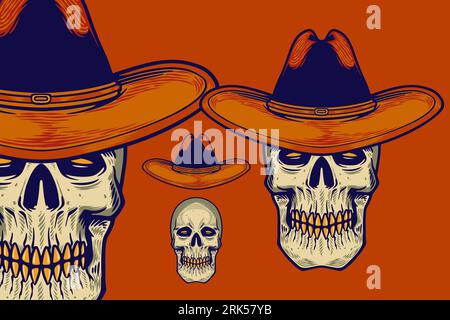 skull head with cowboy hat vector illustration Stock Vector