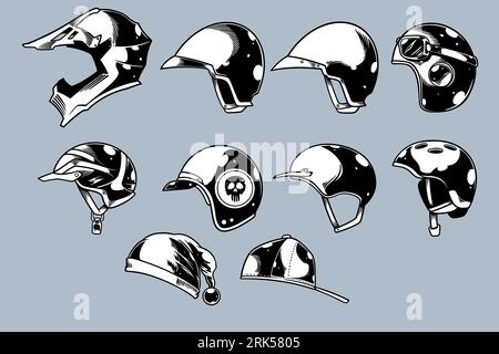 hand drawn various helm vector illustration set monochrome style Stock Vector