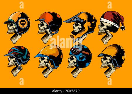 skull head with various helm on and open mouth hand drawn illustration set Stock Vector