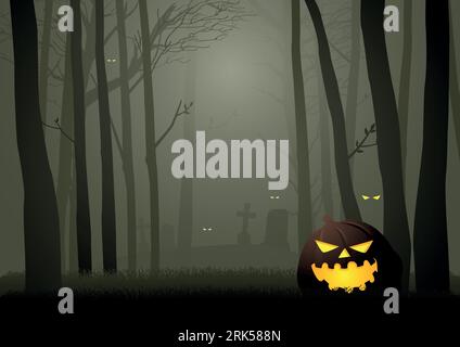 Graphic illustration of  spooky cemetery in the woods, for Halloween theme or background Stock Vector