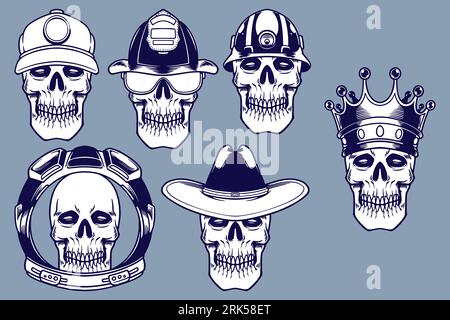 various skull and head gear vector illustration set monochrome style Stock Vector