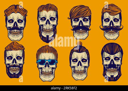 various skull's hair vector illustration set cartoon style Stock Vector