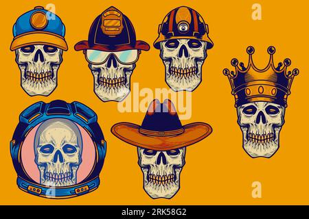 various skull and head gear vector illustration set cartoon style Stock Vector