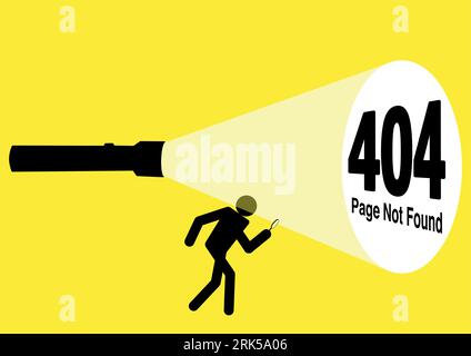Simple flat vector illustration of stick figure character being guided by flashlight uncovering 404 error page not found sign Stock Vector