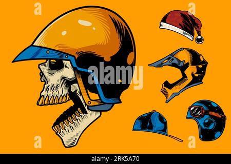 hand drawn skull with various helm vector illustration set Stock Vector