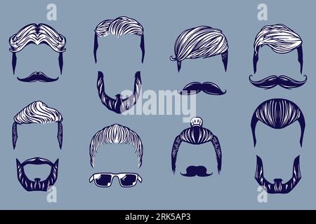 various hair and mustache vector illustration set monochrome style Stock Vector