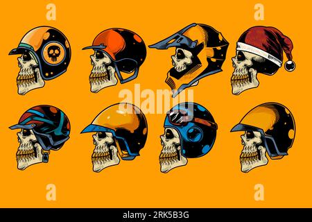 skull head with various helm on hand drawn illustration set Stock Vector
