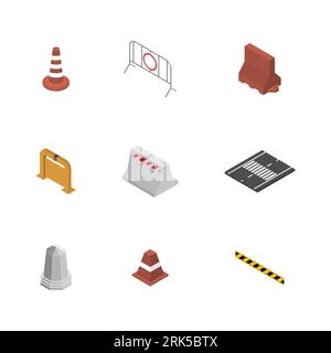 Under construction design elements. Set of different signs road repairs, isolated on white background. Flat isometric style, 3D vector illustration. Stock Vector