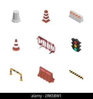 Under construction design elements. Set of different signs road repairs, isolated on white background. Flat isometric style, 3D vector illustration. Stock Vector