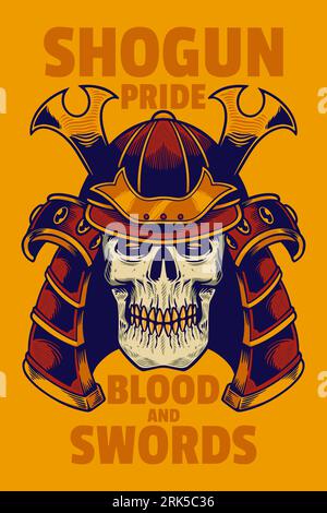 skull head wear samurai helmet card poster vector illustration Stock Vector