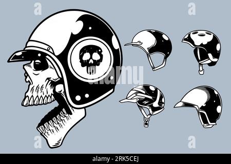 hand drawn skull with various helm vector illustration set monochrome style Stock Vector