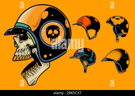 hand drawn skull with various helm vector illustration set Stock Vector