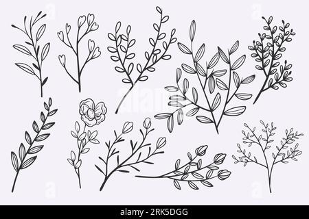 flower leaves doodle hand drawn vector illustration set Stock Vector