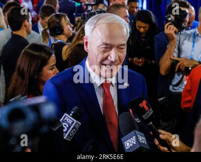 Milwaukee, United States. 23rd Aug, 2023. Former Arkansas Governor and Republican presidential candidate Asa Hutchinson speaks to media after the first Republican presidential candidate debate of the 2024 presidential race at Fiserv Forum in Milwaukee, Wisconsin, August 23, 2023. Fiserv Forum will will be the site of the Republican National Convention July 15-18, 2024 where the Republican presidential candidate will be nominated. Photo by Tannen Maury/UPI Credit: UPI/Alamy Live News Stock Photo