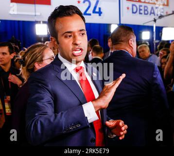 Milwaukee, United States. 23rd Aug, 2023. Republican presidential candidate Vivek Ranaswamy speaks to media after the first Republican presidential candidate debate of the 2024 presidential race at Fiserv Forum in Milwaukee, Wisconsin, August 23, 2023. Fiserv Forum will will be the site of the Republican National Convention July 15-18, 2024 where the Republican presidential candidate will be nominated. Photo by Tannen Maury/UPI Credit: UPI/Alamy Live News Stock Photo