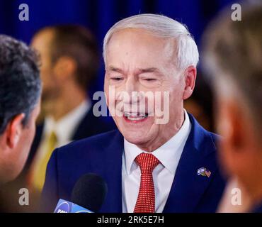 Milwaukee, United States. 23rd Aug, 2023. Former Arkansas Governor and Republican presidential candidate Asa Hutchinson speaks to media after the first Republican presidential candidate debate of the 2024 presidential race at Fiserv Forum in Milwaukee, Wisconsin, August 23, 2023. Fiserv Forum will will be the site of the Republican National Convention July 15-18, 2024 where the Republican presidential candidate will be nominated. Photo by Tannen Maury/UPI Credit: UPI/Alamy Live News Stock Photo