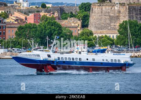 Hydrofoil Paxos Island of the Kerkyra Lines in front of the New Fortress of Corfu in the old town of Corfu, Island of Corfu, Ionian Islands, Greece Stock Photo