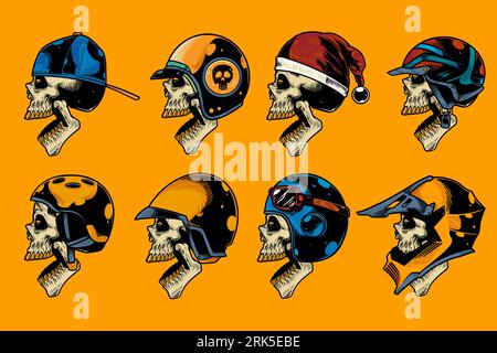 skull head with various helm on and open mouth hand drawn illustration set Stock Vector
