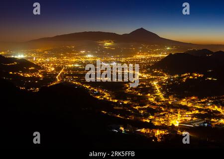 Fairy-tale Blue Hour Nigth Scenery Over La Laguna and Teide Volcano, Tenerife, Canary Islands, Spain Stock Photo