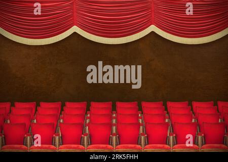 Vintage movie theatre chairs and stage curtain with copy space Stock Photo