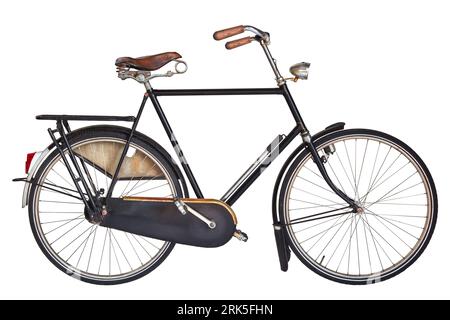 Vintage Dutch gentleman bicycle with leather saddle and wooden handle bars isolated on a white background Stock Photo