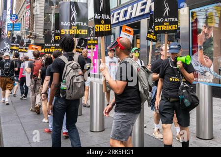 New York, USA - July 20th, 2023: A SAG AFTRA picket line in Times Square, Manhattan, New York. Stock Photo