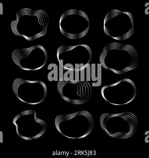 Set of oval wavy silver frames on a black background, art deco silver elements. Vector of abstract linear objects Stock Vector
