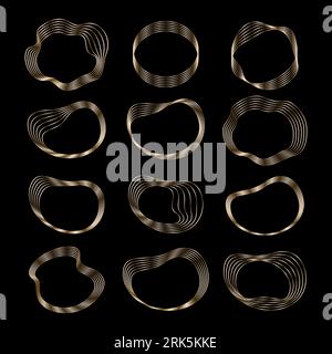 Set of oval wavy golden frames on a black background, gold elements in art deco style. Vector of abstract linear objects Stock Vector