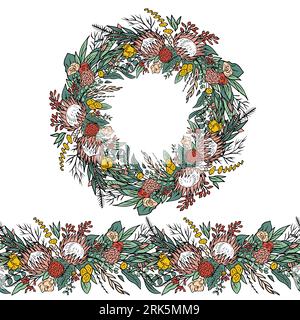 Colorful seamless brush and wreath with tropical protea flowers and eucalyptus Stock Vector