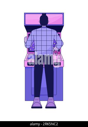 Young man playing arcade flat line color vector character Stock Vector