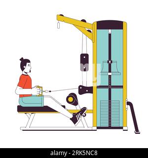 Man stretching cable on seated row machine flat line color vector character Stock Vector