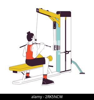 Man dragging bar down on lat pulldown machine flat line color vector character Stock Vector