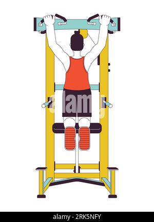 Man doing dead hangs on pull up machine flat line color vector character Stock Vector