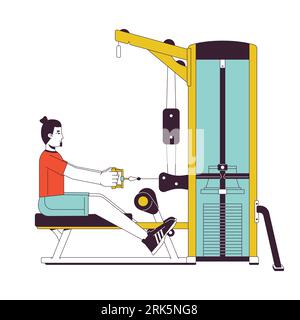 Man holding handle with outstretched arms on gym machine flat line color vector character Stock Vector