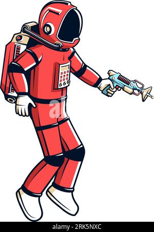 Cosmonaut with a laser gun. Astronaut in a red spacesuit Stock Vector