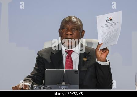 Johannesburg, South Africa. 24th Aug, 2023. South African President Cyril Ramaphosa speaks during a press briefing on the third day of the BRICS Summit at the Sandton Convention Center in Johannesburg, South Africa on Thursday, August 24. 2023. BRICS, or Brazil, Russia, India, China and South Africa, has announced nations invited to become full-time BRICS members, including Argentina, Egypt, Ethopia, Iran, Saudi Arabia and the United Arab Emirates. Photo by Jemal Countess/UPI Credit: UPI/Alamy Live News Stock Photo