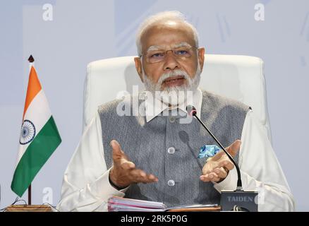 Johannesburg, South Africa. 24th Aug, 2023. Prime Minister of India Narendra Modi speaks during a press briefing on the third day of the BRICS Summit at the Sandton Convention Center in Johannesburg, South Africa on Thursday, August 24. 2023. BRICS, or Brazil, Russia, India, China and South Africa, has announced nations invited to become full-time BRICS members, including Egypt, Ethopia, Iran, Saudi Arabia and the United Arab Emirates. Photo by Jemal Countess/UPI Credit: UPI/Alamy Live News Stock Photo