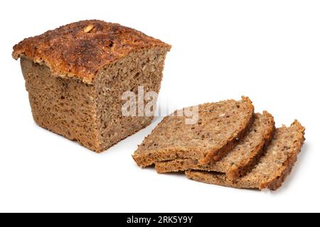 Fresh Scandinavian loaf and slices of sourdough spelt bread with a variation of seed close up isolated on white background Stock Photo