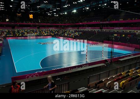 Handball arena at The Copper Box Arena during the London 2012 Olympics Stock Photo