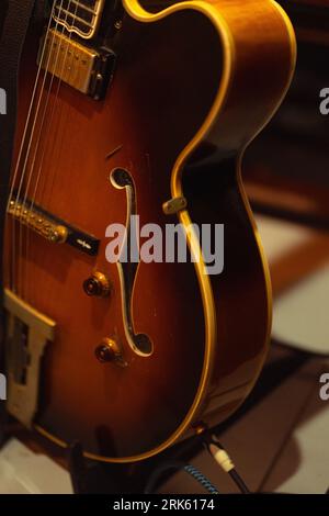 A closeup shot of the guitar details. Stock Photo