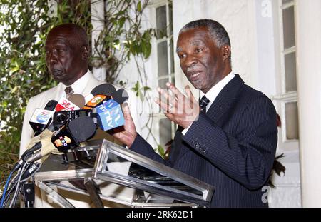 Bildnummer: 53785578  Datum: 09.02.2010  Copyright: imago/Xinhua (100208) -- NAIROBI, Feb. 8, 2010 (Xinhua) -- Former President of South Africa Thabo Mbeki (R) speaks during a press briefing in Nairobi, capital of Kenya, Feb. 8, 2010. Kenyan President Mwai Kibaki Monday held discussions with members of the African Union High Level Implementation Panel on the Darfur led by former presidents Thabo Mbeki of South Africa and Pierre Buyoya of Burundi.(Xinhua/Tom Maruko) (gxr) (1)KENYA-NAIROBI-AU HIGH LEVEL IMPLEMENTATION PANEL-VISIT PUBLICATIONxNOTxINxCHN People Politik kbdig xkg 2010 quer     Bild Stock Photo