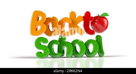 Back to school text in multicolored letters, red apple on white background, copy space. 3D render educational concept. Horizontal illustration design Stock Photo