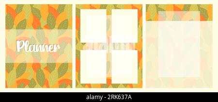 Planner templates for notes, reminders, plans, ideas, timetable, with pattern leaves autumn orange colors. Vector illustration Stock Vector
